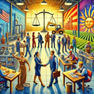 An artistic impression symbolizing the concept of decent work for workers, showcasing dignity, collaboration, and equity in a vibrant and hopeful setting.